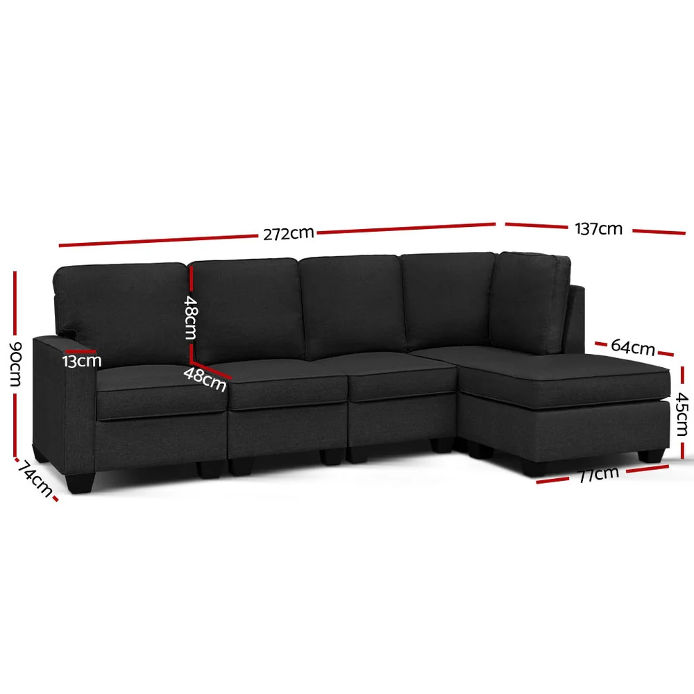 Misty 5-Seater Modular Chaise Suite Couch Sofa Lounge - Dark Grey - Nurns