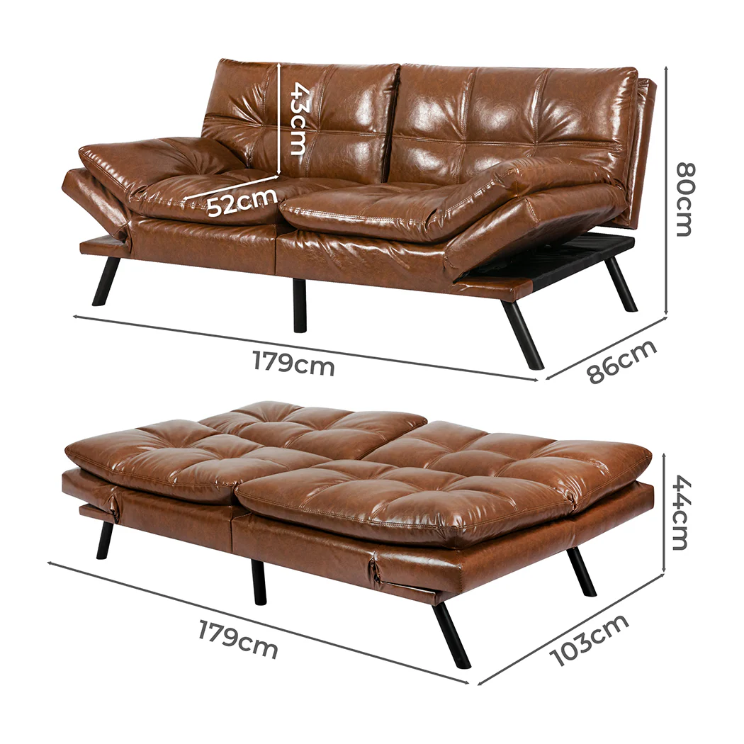 Margot 2-Seater Sofa Bed Futon Recliner Lounge - Brown - Nurns