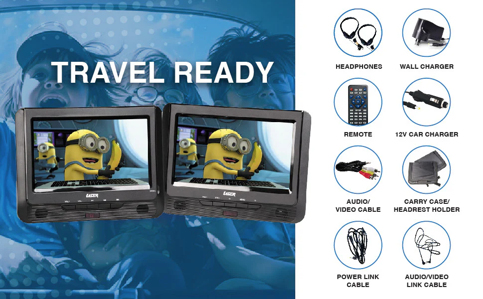 Laser 9 Inch Dual Screen DVD Player - Black - Nurns