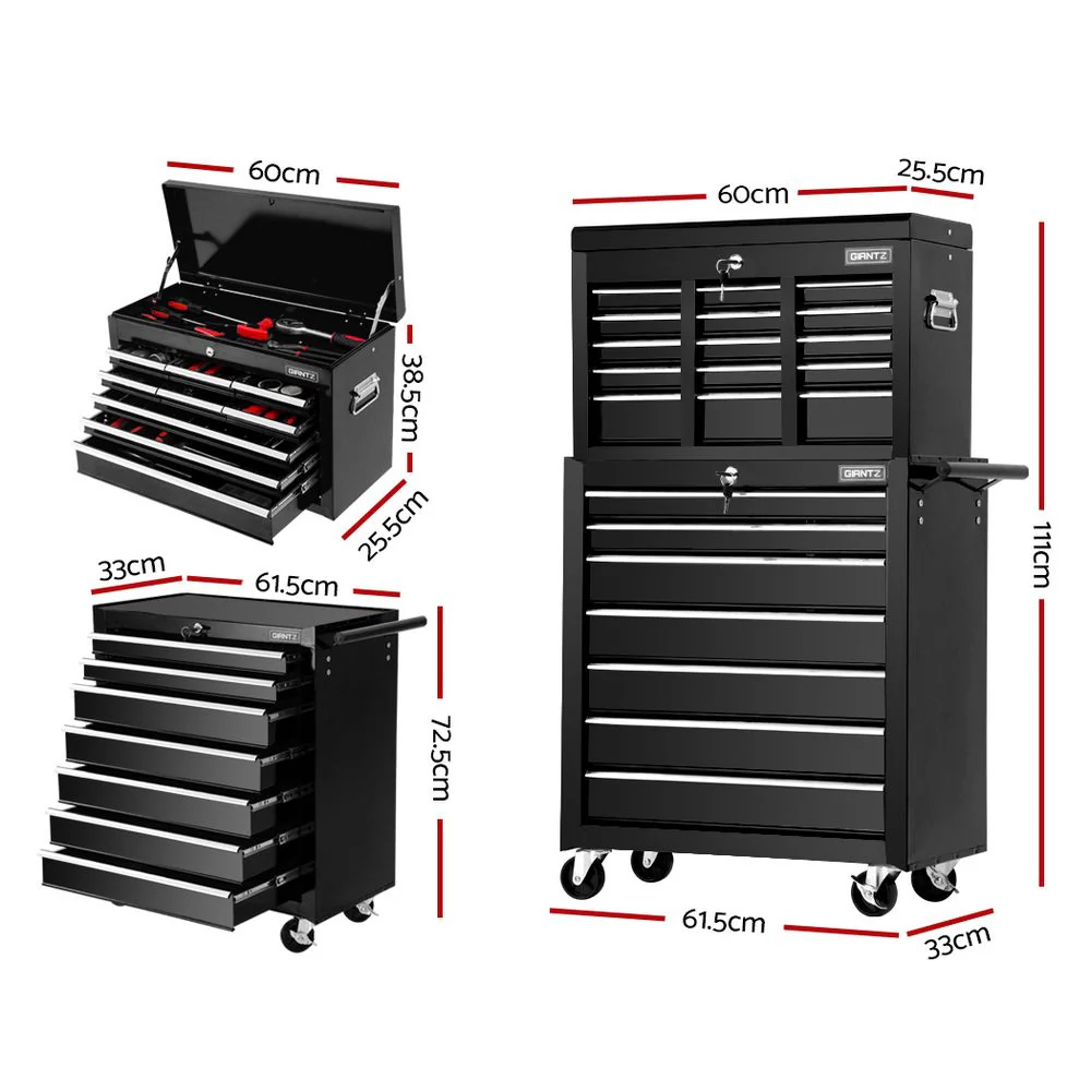 Tool Chest and Trolley Box Cabinet 16 Drawers Cart Garage Storage Black - Nurns