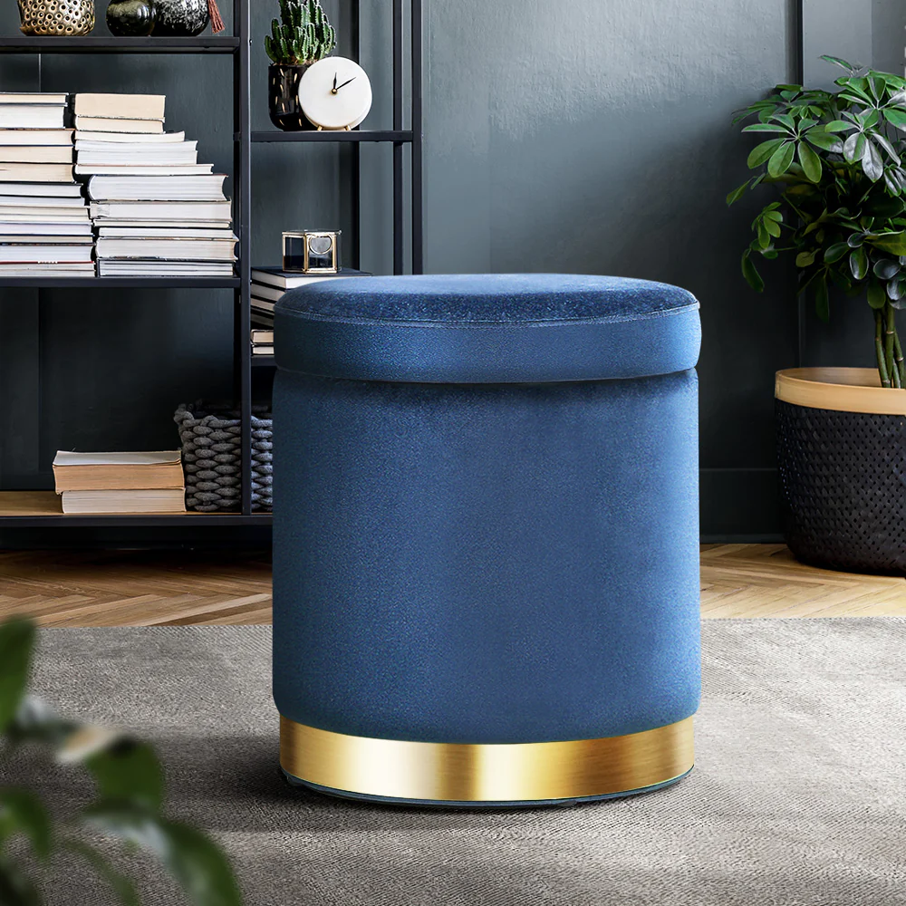 Foot Stool Round Velvet Storage Ottoman Foot Rest Pouffe Footstool Navy - Nurns