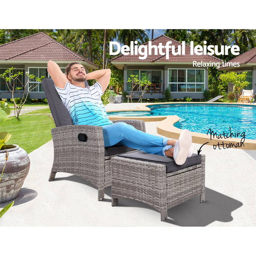 Dursley Recliner Chair Outdoor Furniture Setting Patio Wicker Sofa Chair and Ottoman - Grey - Nurns