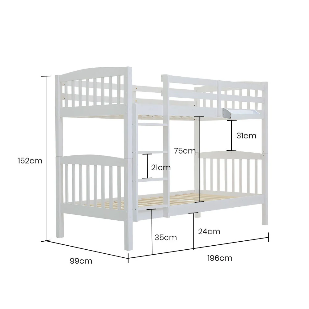 Maia Modular Slumber Wooden Kids Bunk Bed Frame - White Single - Nurns