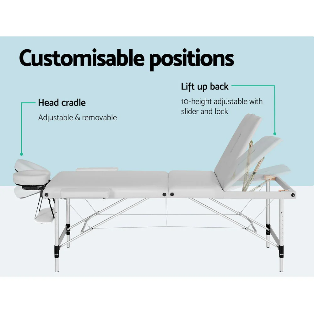 Massage Table 65cm Portable 3 Fold Aluminium Beauty Bed - White - Nurns