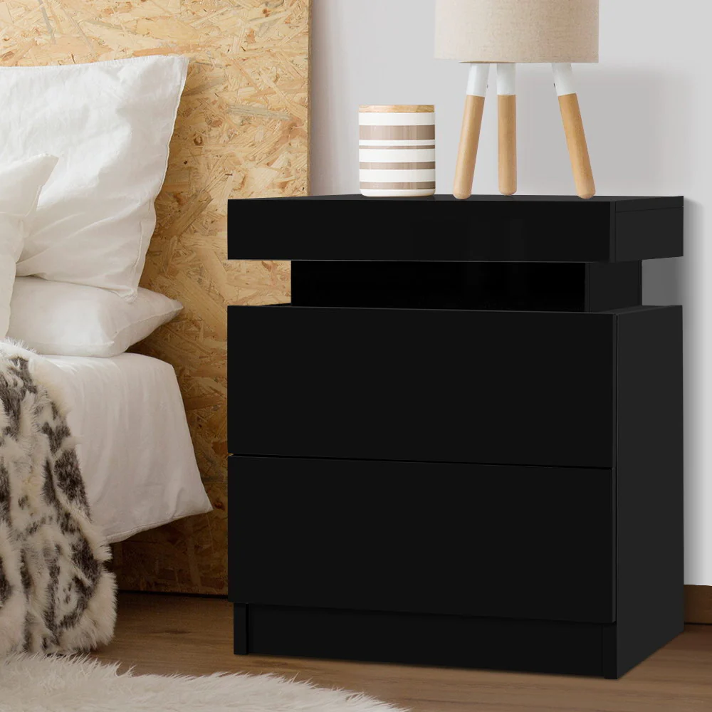 Laval Wooden Bedside Tables Side Table Storage Nightstand Bedroom with 2 Drawers - Black - Nurns