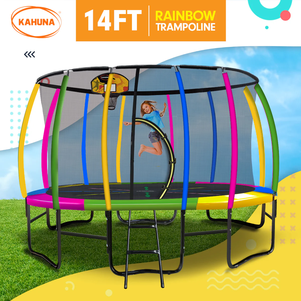 Kahuna Trampoline for Kids 14FT Outdoor Children with Safety Enclosure Pad Mat Ladder Basketball Hoop Set - Rainbow - Nurns