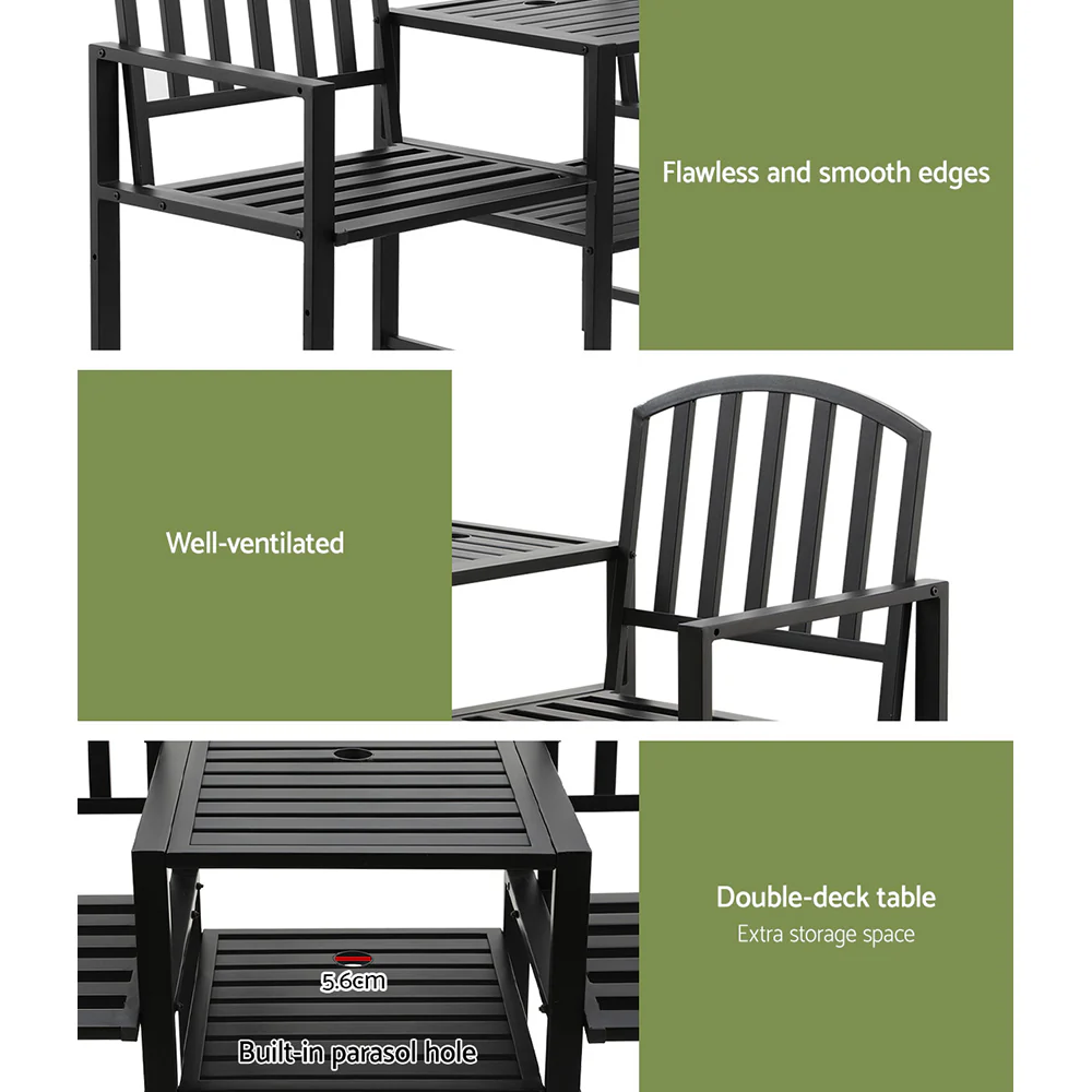 Lincoln Outdoor Garden Bench Steel Table and chair Patio Furniture Loveseat Park - Black - Nurns