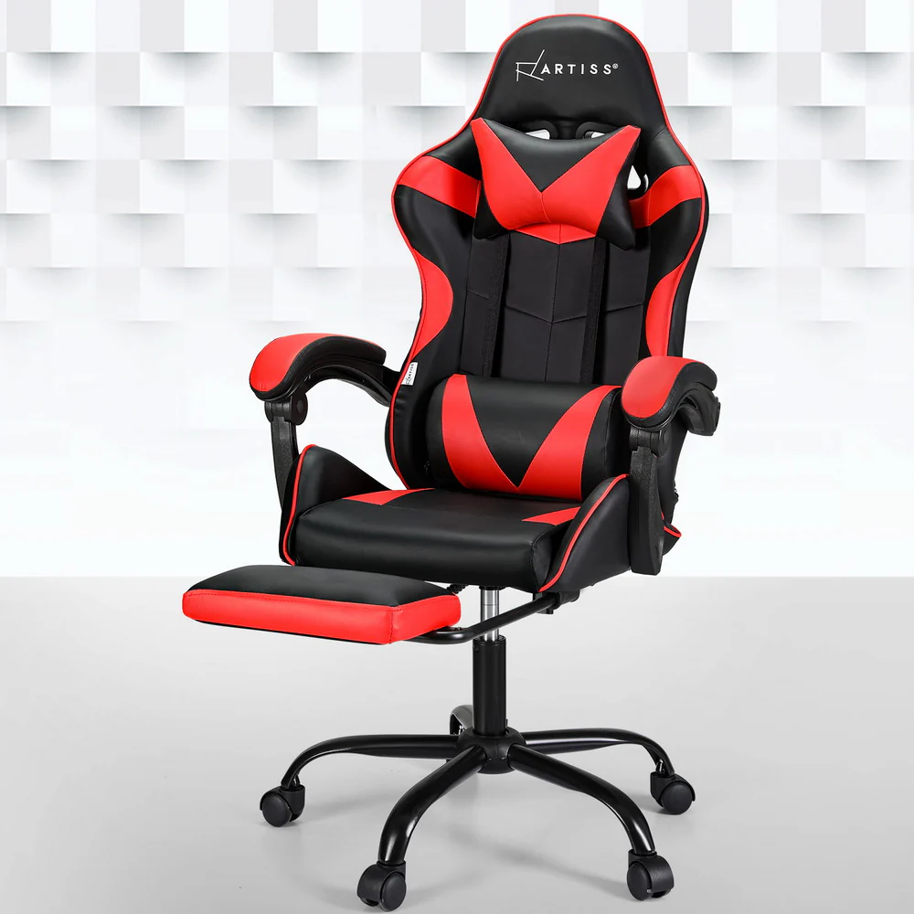 Artiss 2 Point Massage Gaming Office Chair Footrest Red - Nurns