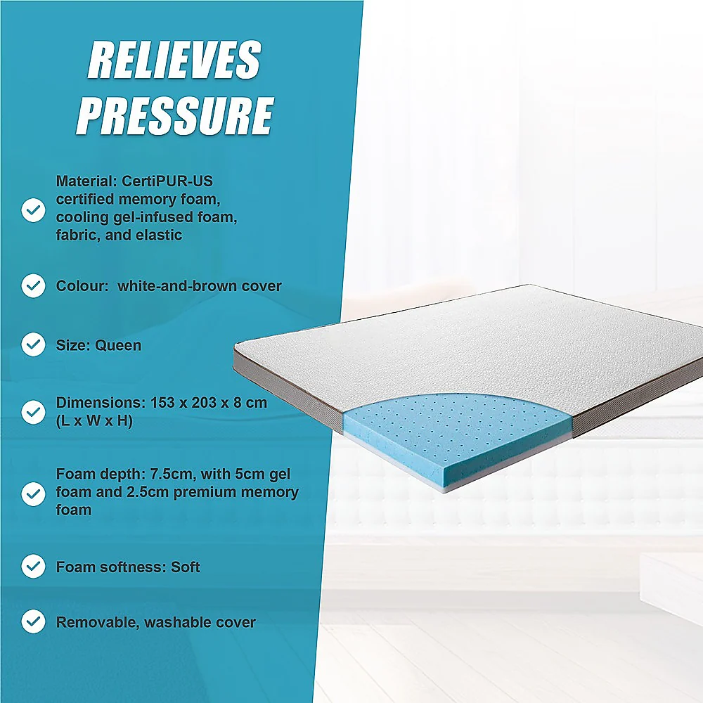 Queen Palermo Memory Foam Mattress Topper Cooling Gel Infused CertiPUR Approved - Nurns