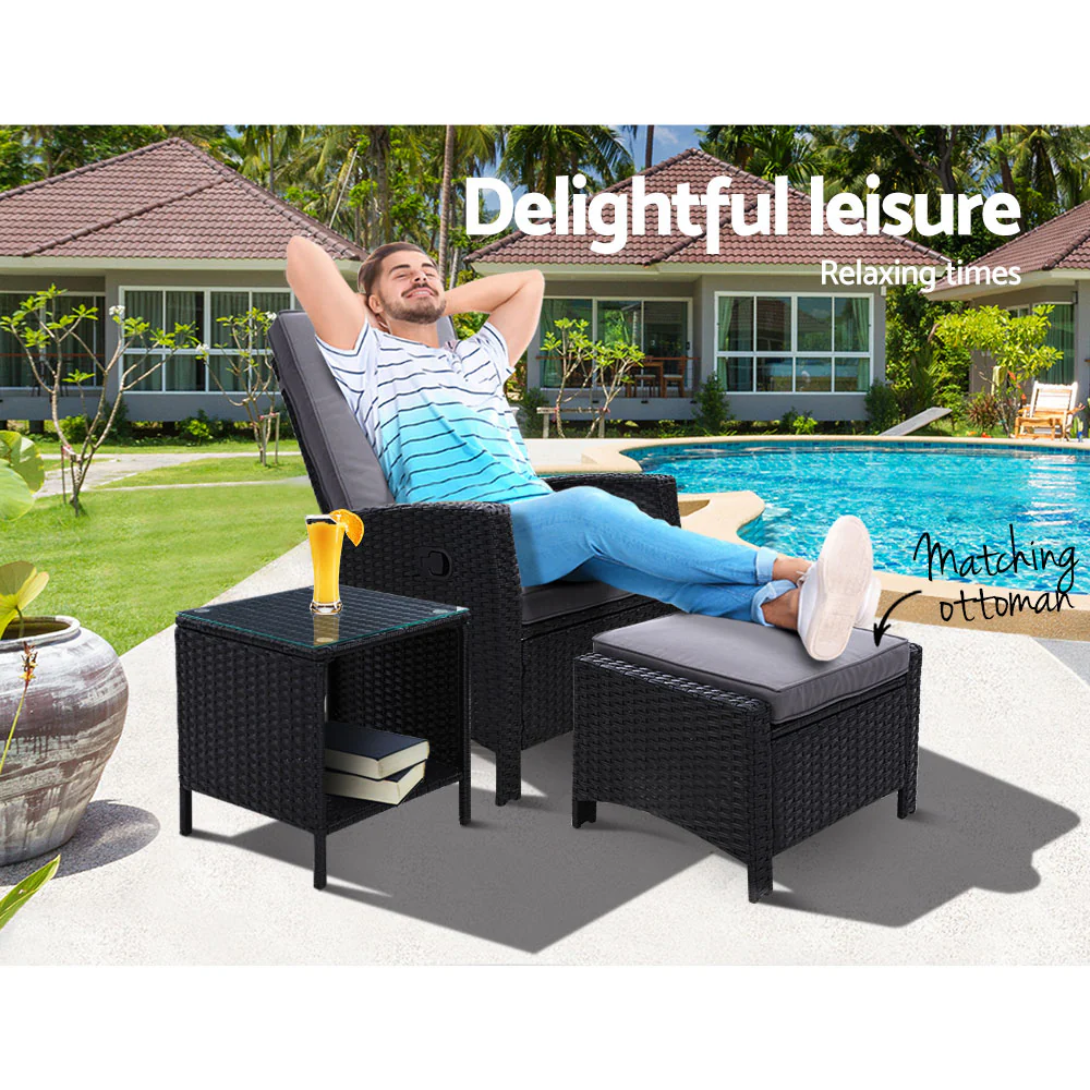 Ross 3-Piece Recliner Chairs Table Wicker Outdoor Furniture Adjustable - Black - Nurns