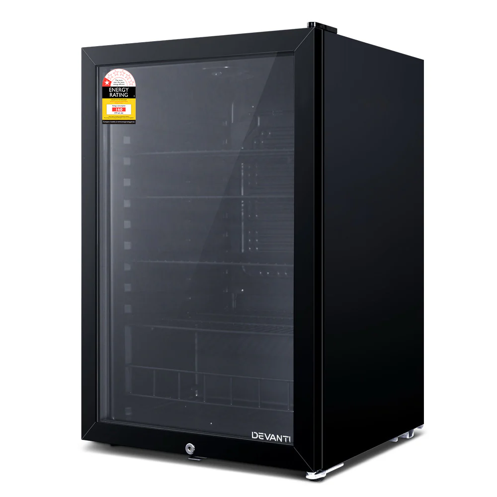 Devanti 115L Bar Fridge Glass Door with Light Black - Nurns