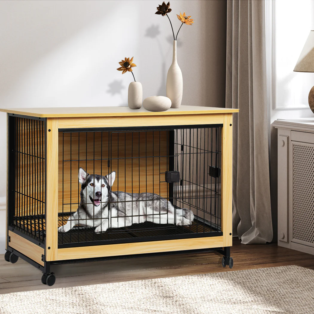 Wooden Wire Dog Kennel Side End Table Steel Puppy Crate Indoor Pet House XXL - Wood XXL - Nurns