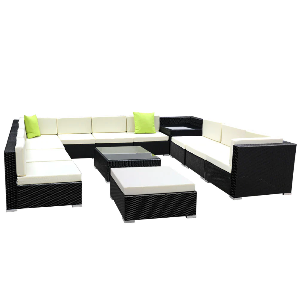 Chester 12-Seater Outdoor Set Furniture Wicker 13-Piece Sofa with Storage Cover - Black - Nurns