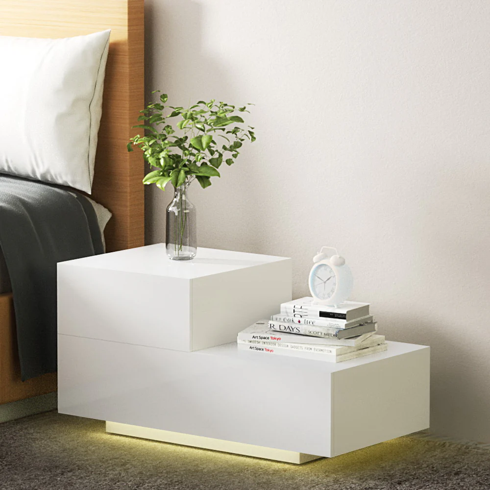 Gatineu LED High Gloss Bedside Tables Side Table RGB LED High Gloss Nightstand with 2 Drawers - White - Nurns