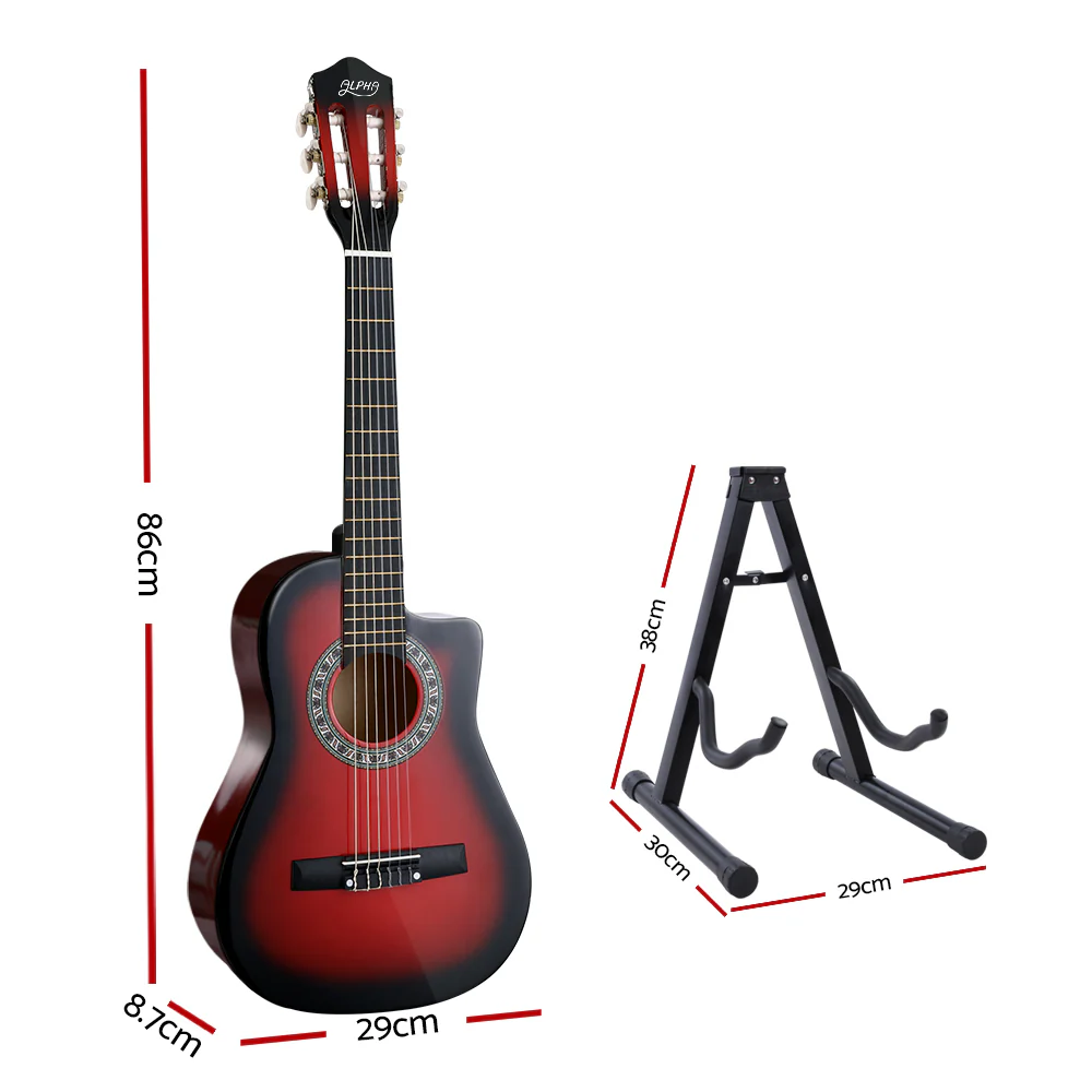 Alpha 34 Inch Classical Guitar Wooden Body Nylon String w/ Stand Beginner Red - Nurns