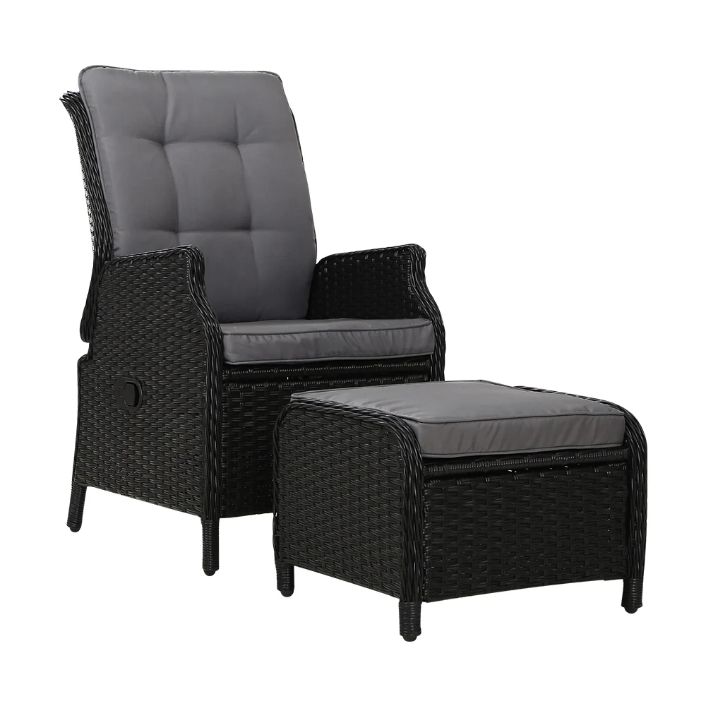 Yeovil Recliner Chair Outdoor Furniture Setting Patio Wicker Sofa Chair and Ottoman - Black - Nurns