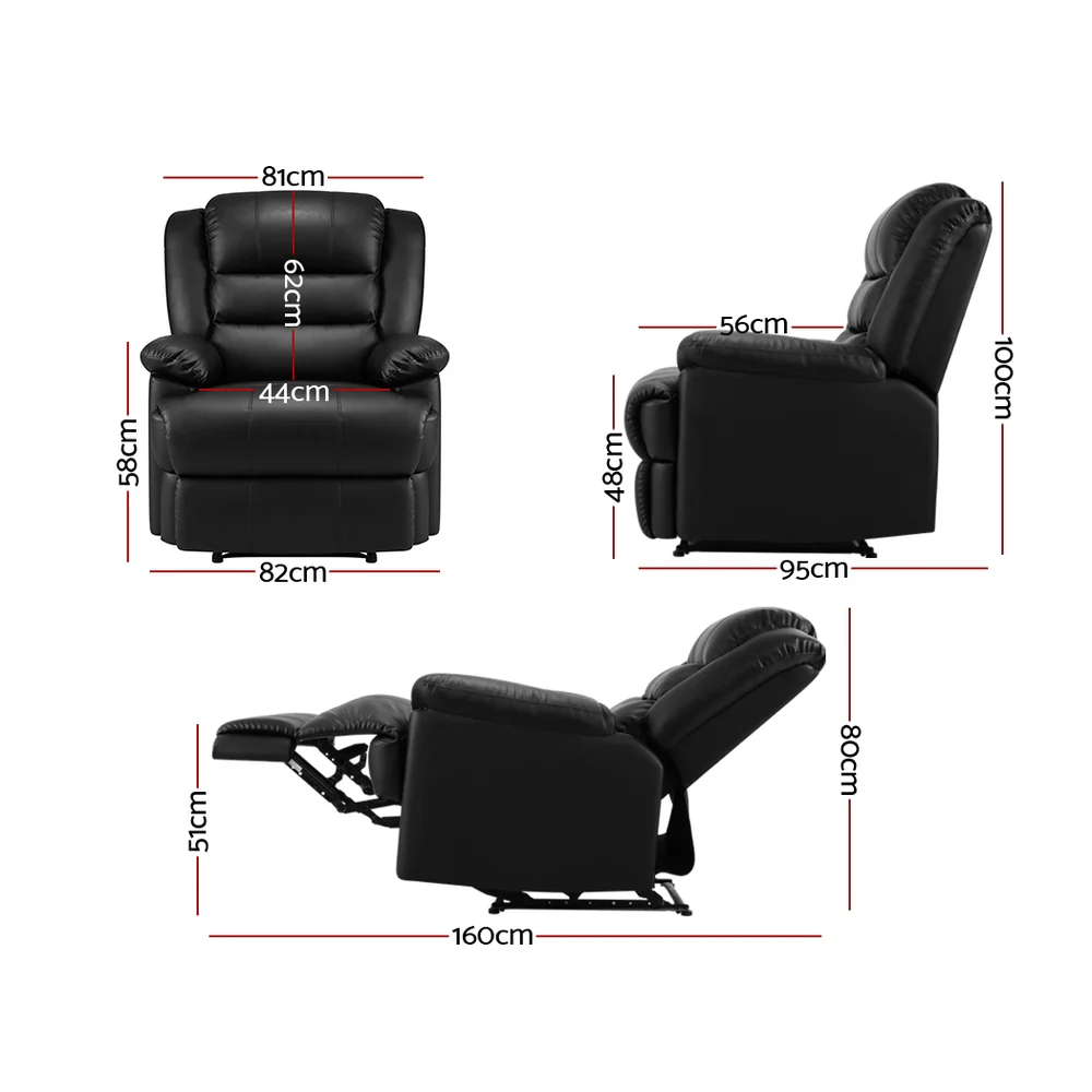 Nixie Recliner Chair Armchair Luxury Single Lounge Couch Leather - Black - Nurns