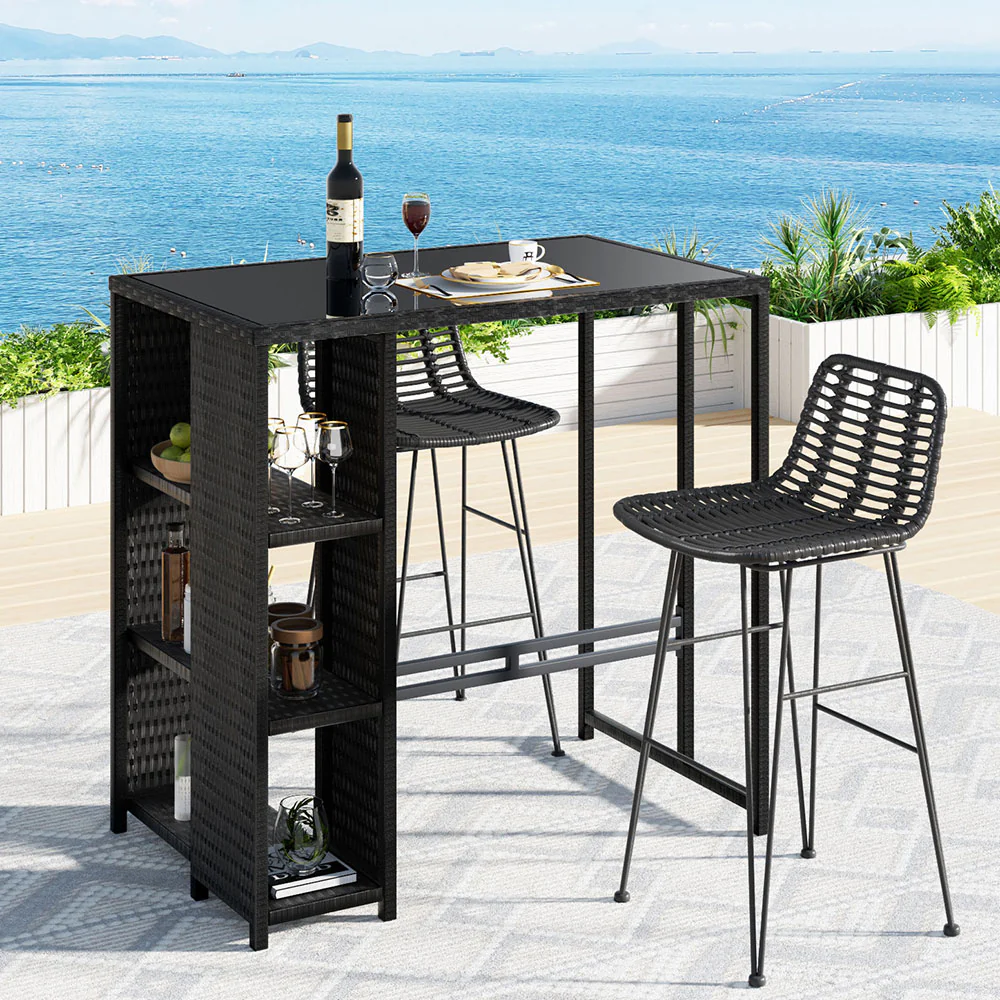 Larry Patio Furniture Dining Chairs Table and Chairs Wicker 3-Piece Outdoor Bar Set - Black - Nurns
