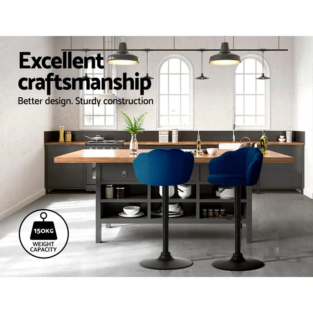 Set of 2 Naples Bar Stools Kitchen Stool Swivel Chair Gas Lift Velvet Chairs - Blue - Nurns