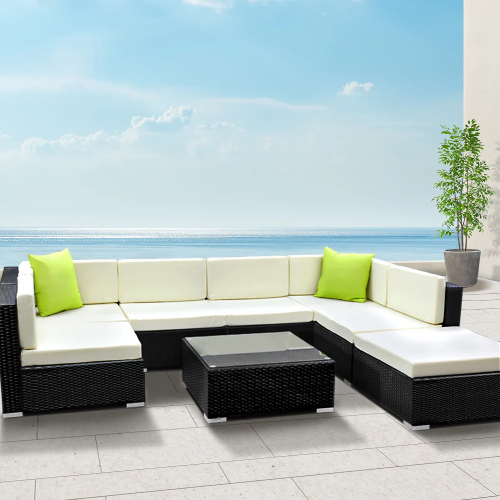 Chester 7-Seater Furniture Set Wicker Garden Patio Pool Lounge 8-Piece Outdoor Sofa - Black - Nurns