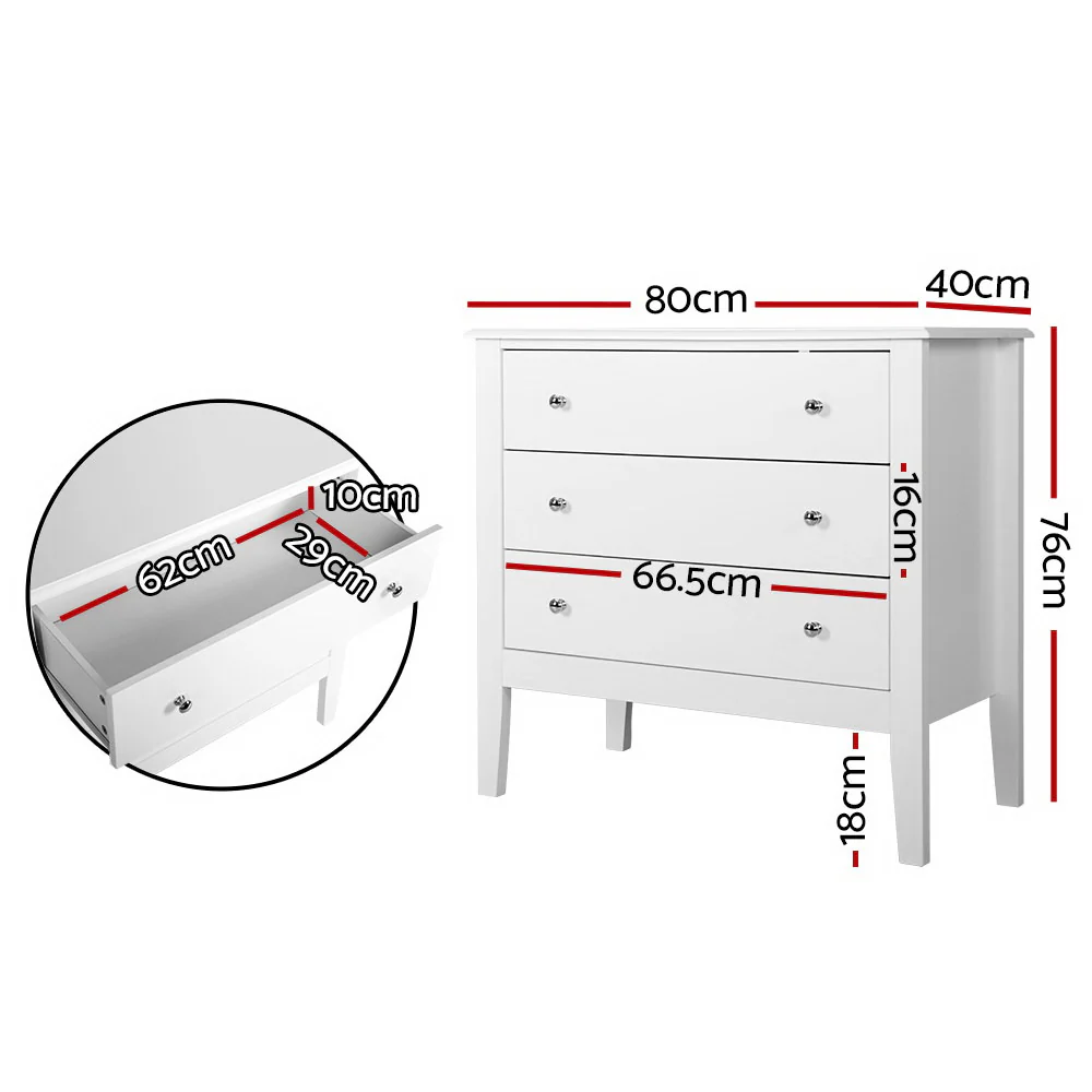 Artiss 3 Chest of Drawers - White - Nurns