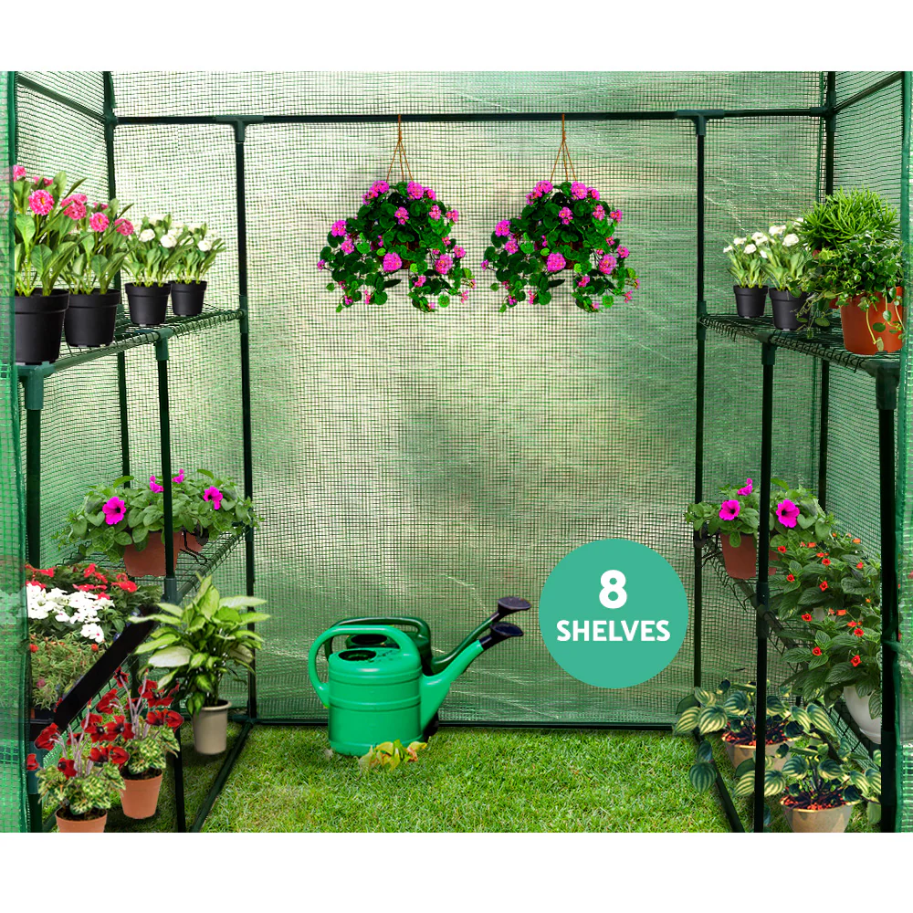 Greenfingers Greenhouse 1.4x1.55x2M Walk in Green House Tunnel Plant Garden Shed 8 Shelves - Nurns