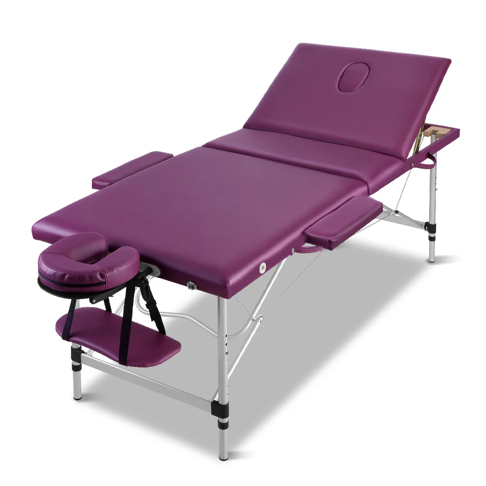 Massage Table 75cm 3 Fold Aluminium Beauty Bed Portable Therapy Violet - Nurns