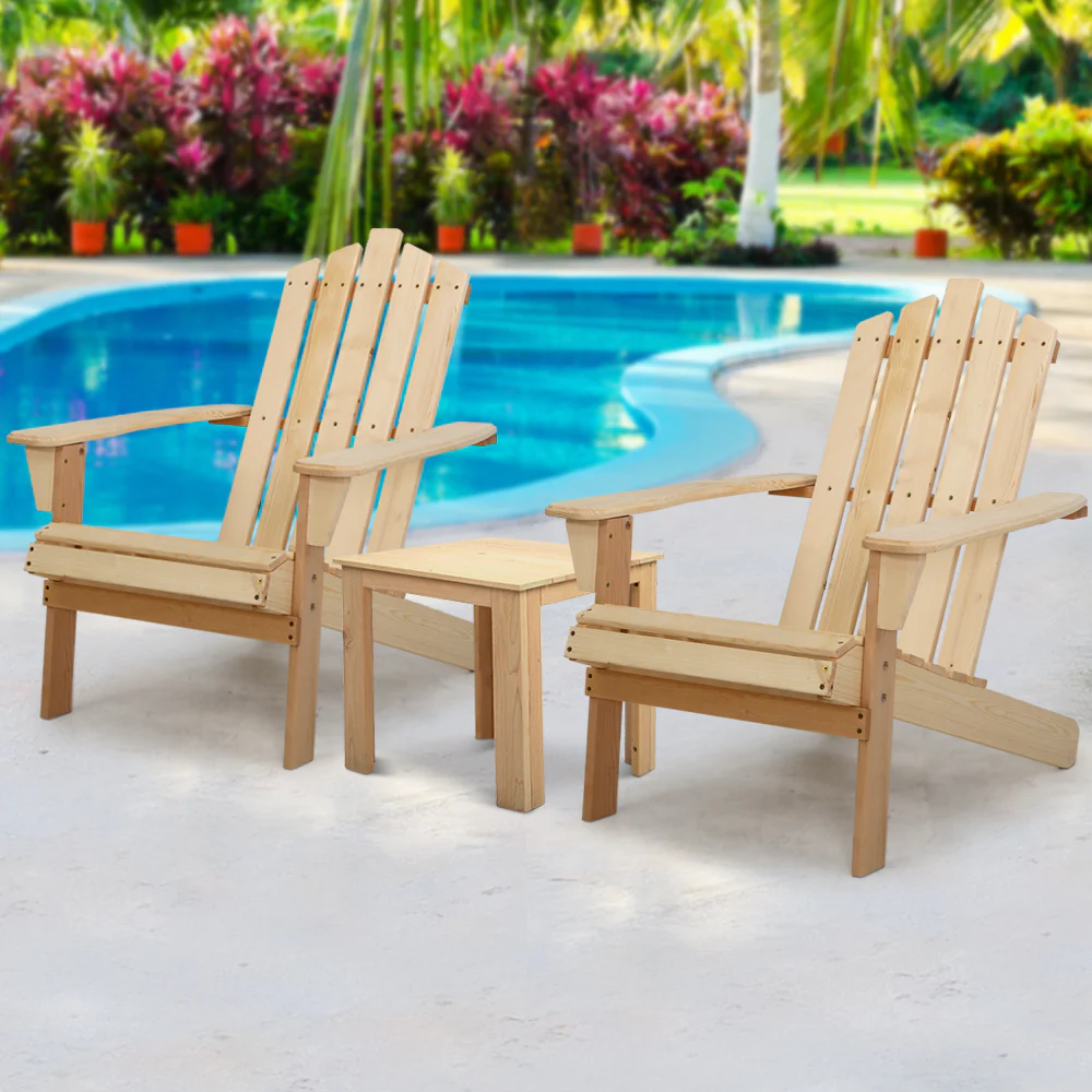 Adirondack Gardeon 3PC Outdoor Table and Chairs Wooden Beach Chair Natural - Nurns