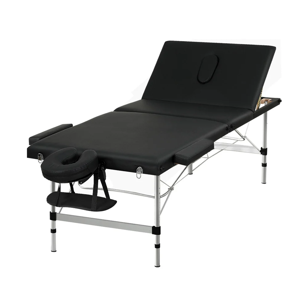 Massage Table 85cm Portable 3 Fold Aluminium Beauty Bed - Black - Nurns