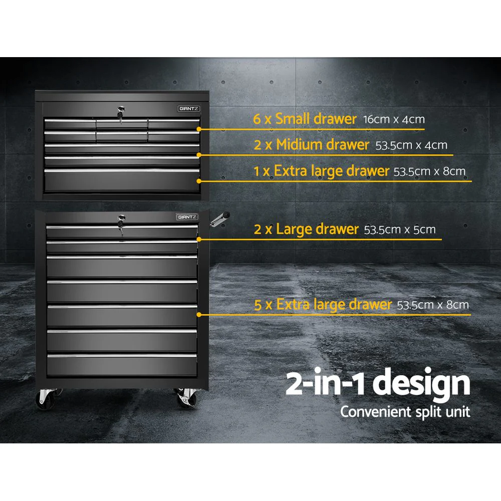 Tool Chest and Trolley Box Cabinet 16 Drawers Cart Garage Storage Black - Nurns