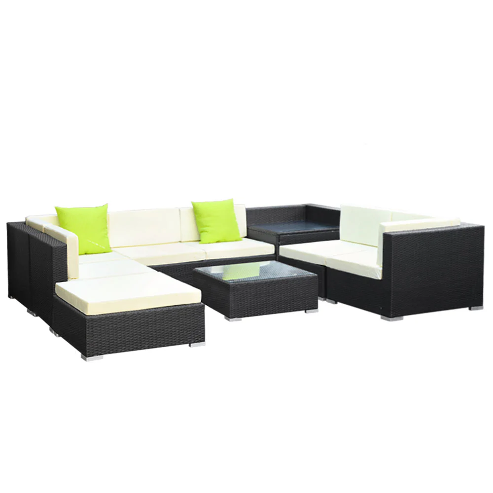 Chester 8-Seater Outdoor Set Furniture Wicker 9-Piece Sofa with Storage Cover - Black - Nurns