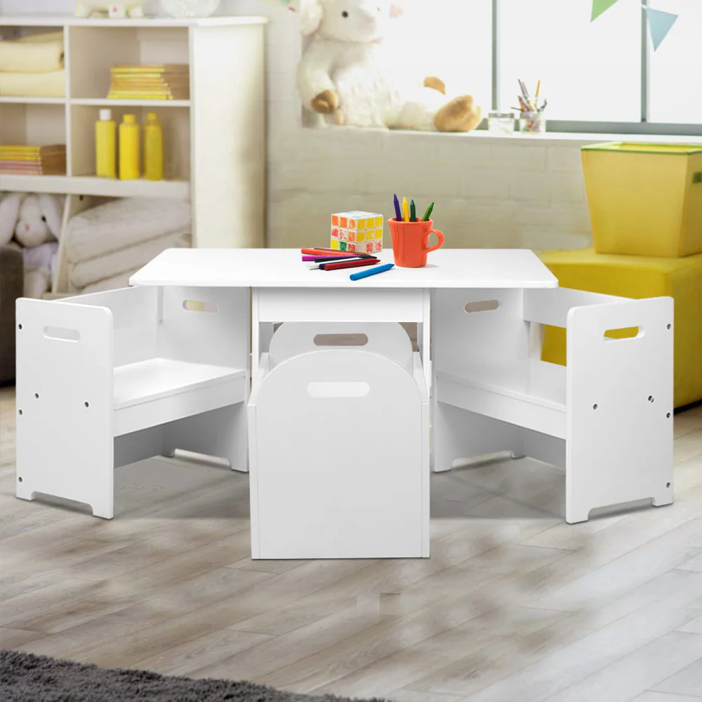Perline 3-Piece Kids Table & Chairs Set Multi-function and Chair Hidden Storage Box Toy Activity Desk - White - Nurns