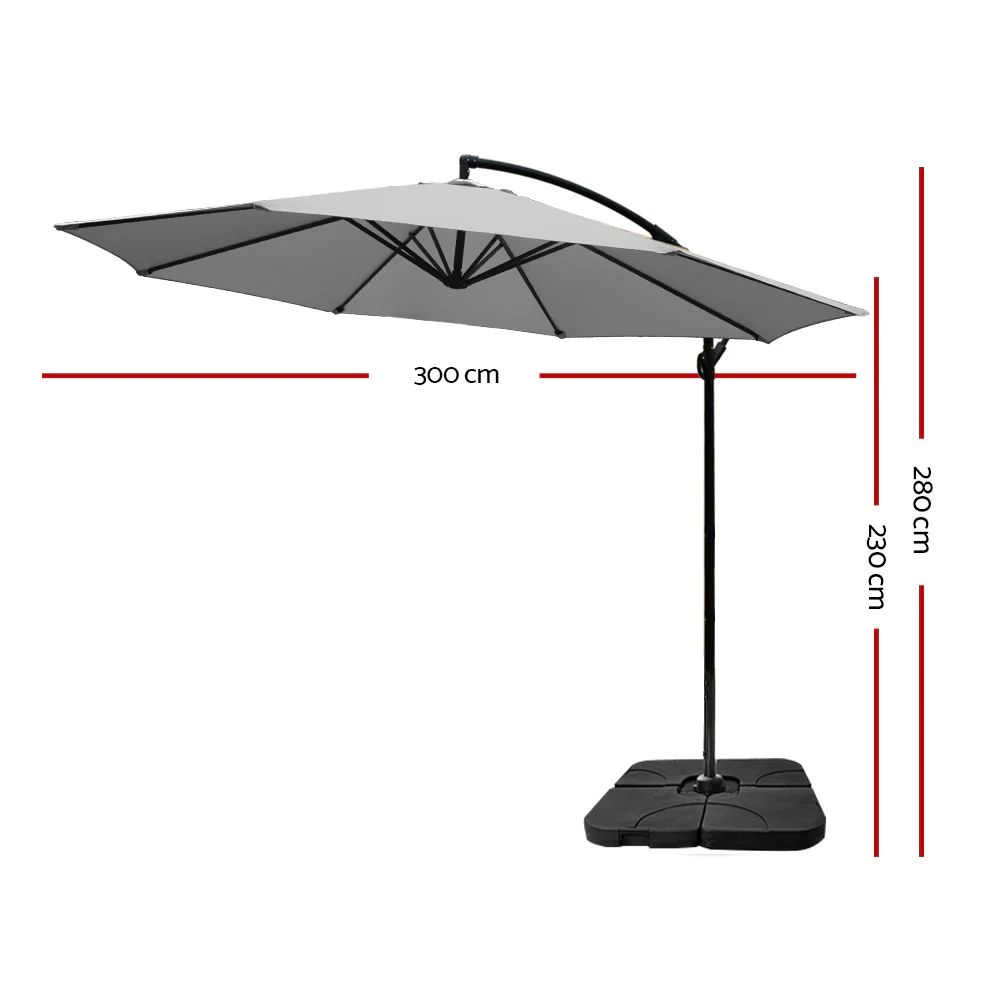 Instahut 3M Umbrella with 50x50cm Base Outdoor Umbrellas Cantilever Sun Stand UV Garden Grey - Nurns