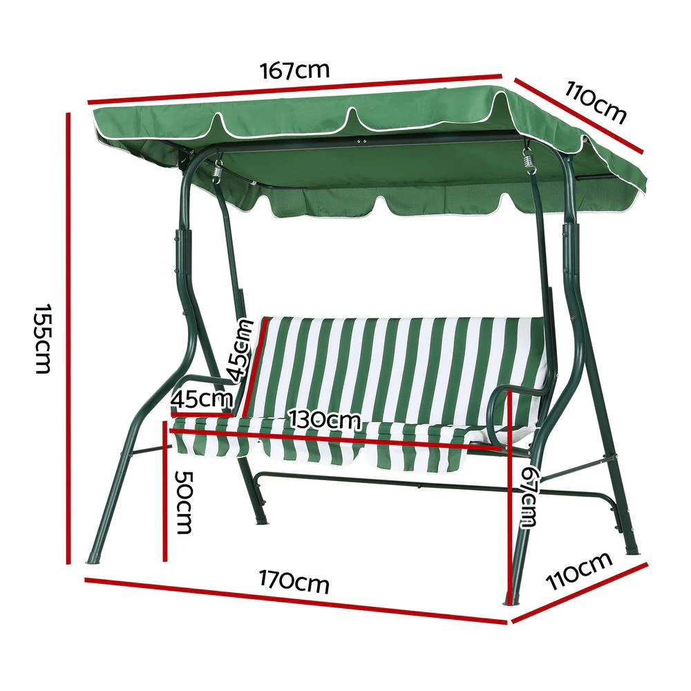 Astride Outdoor Swing Chair Garden Bench Furniture Canopy 3-Seater - White Green - Nurns
