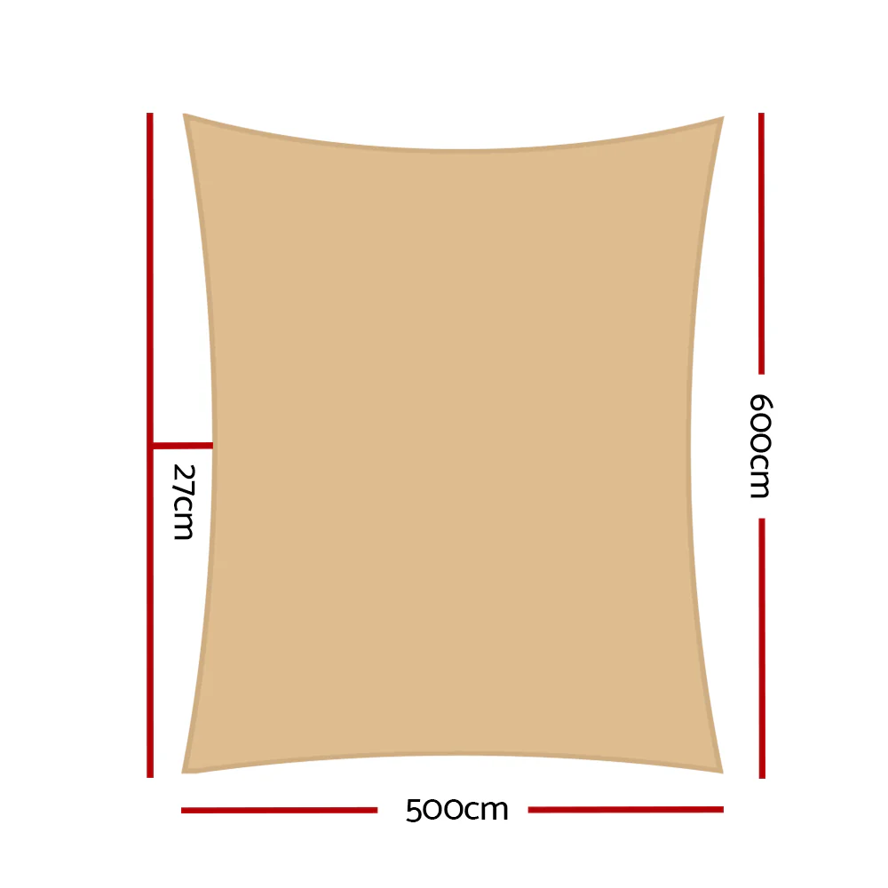 Instahut Shade Sail 5x6m Rectangle 280GSM 98% Sand Shade Cloth - Nurns