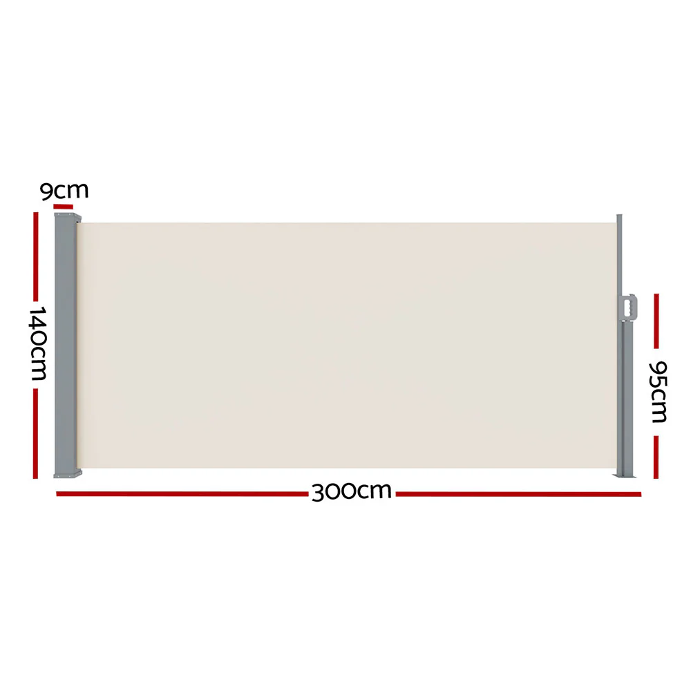 Instahut Side Awning Sun Shade Outdoor Blinds Retractable Screen 1.4x3M Cream - Nurns