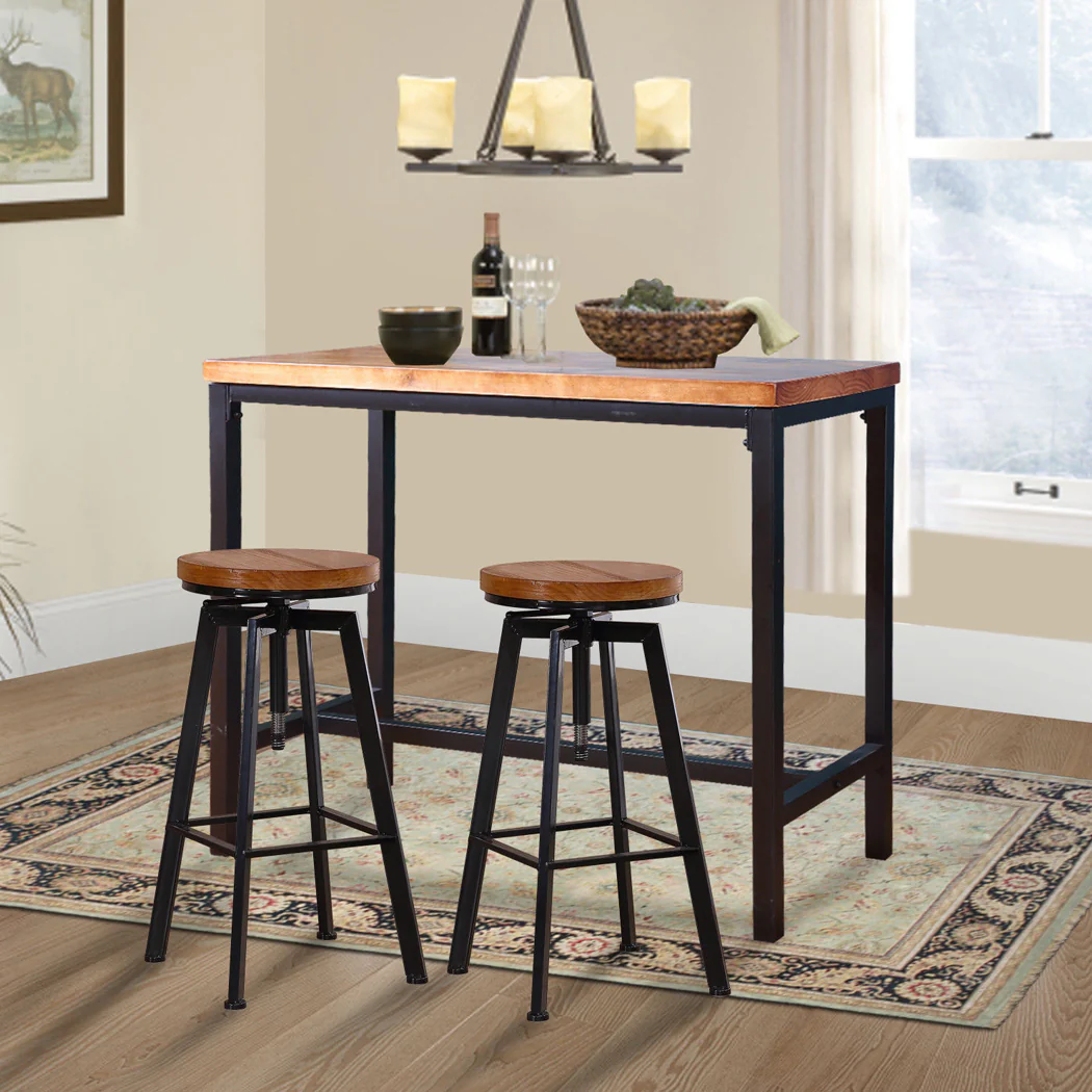 Set of 3 Potenza Industrial Pub Table & Bar Stools Wood Chair Set Home Kitchen Furniture - Black & Wood - Nurns