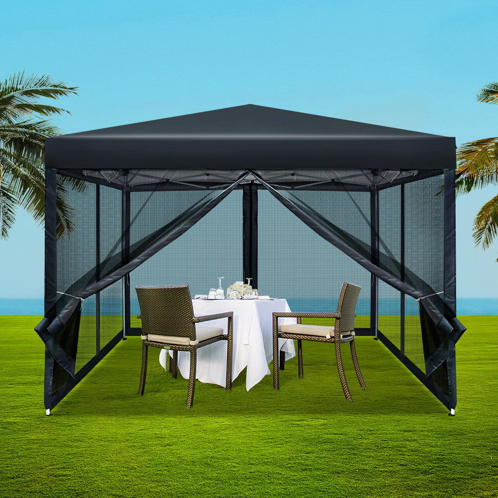 Instahut Gazebo Pop Up Marquee 3x3m Wedding Party Outdoor Camping Tent Canopy Shade Mesh Wall Black - Nurns