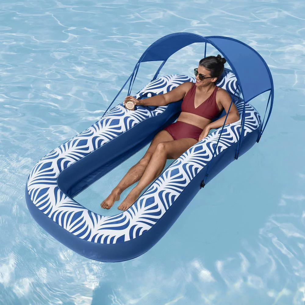 Inflatable Floating Float Lounger with Sunshade Canopy 1.98Mx1.12M Blue - Nurns