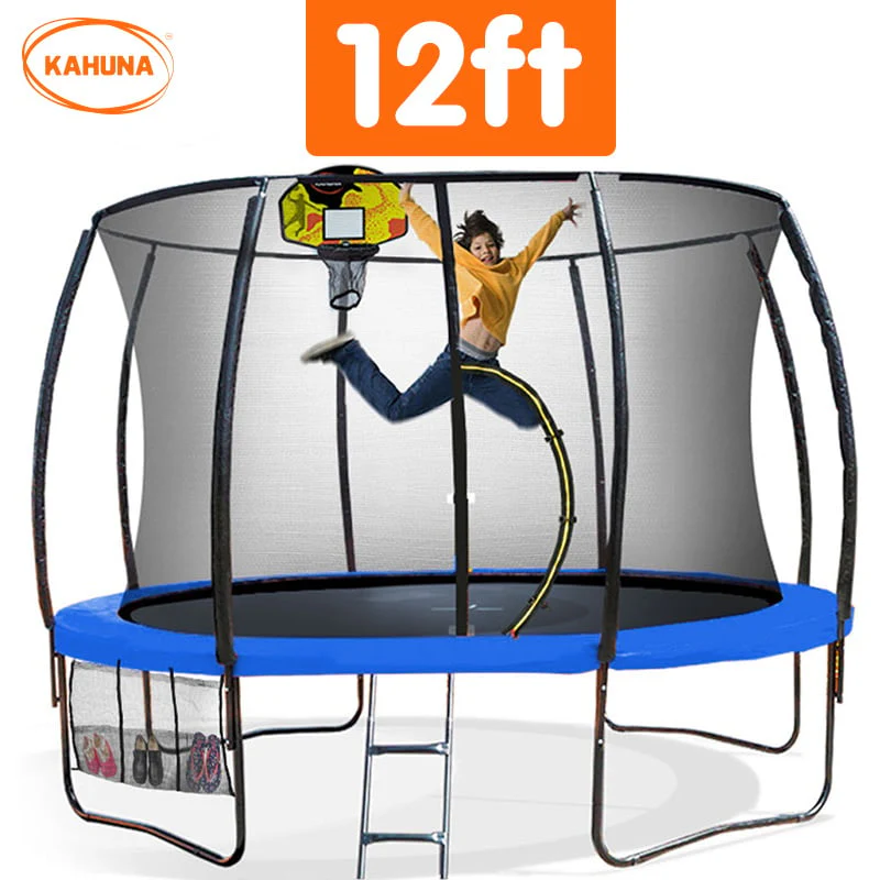 Kahuna Trampoline for Kids 12FT Outdoor Children with Safety Enclosure Pad Mat Ladder Basketball Hoop Set - Blue - Nurns
