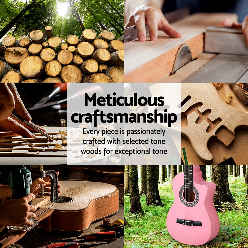 Alpha 34 Inch Classical Guitar Wooden Body Nylon String Beginner Kids Gift Pink - Nurns