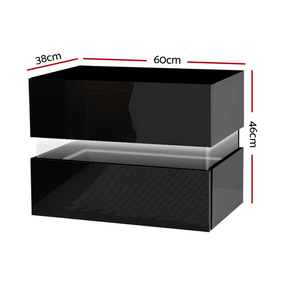 Granby LED High Gloss Bedside Tables RGB LED Side Nightstand High Gloss Cabinet with 2 Drawers - Black - Nurns