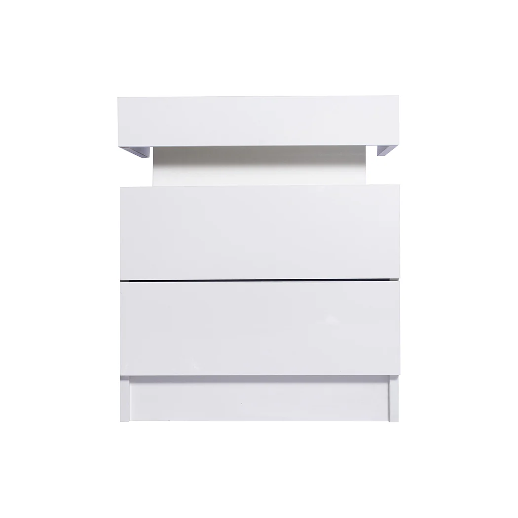 Inuvik LED Bedside Tables RGB LED Storage Cabinet High Gloss Nightstand with 2 Drawers - White - Nurns