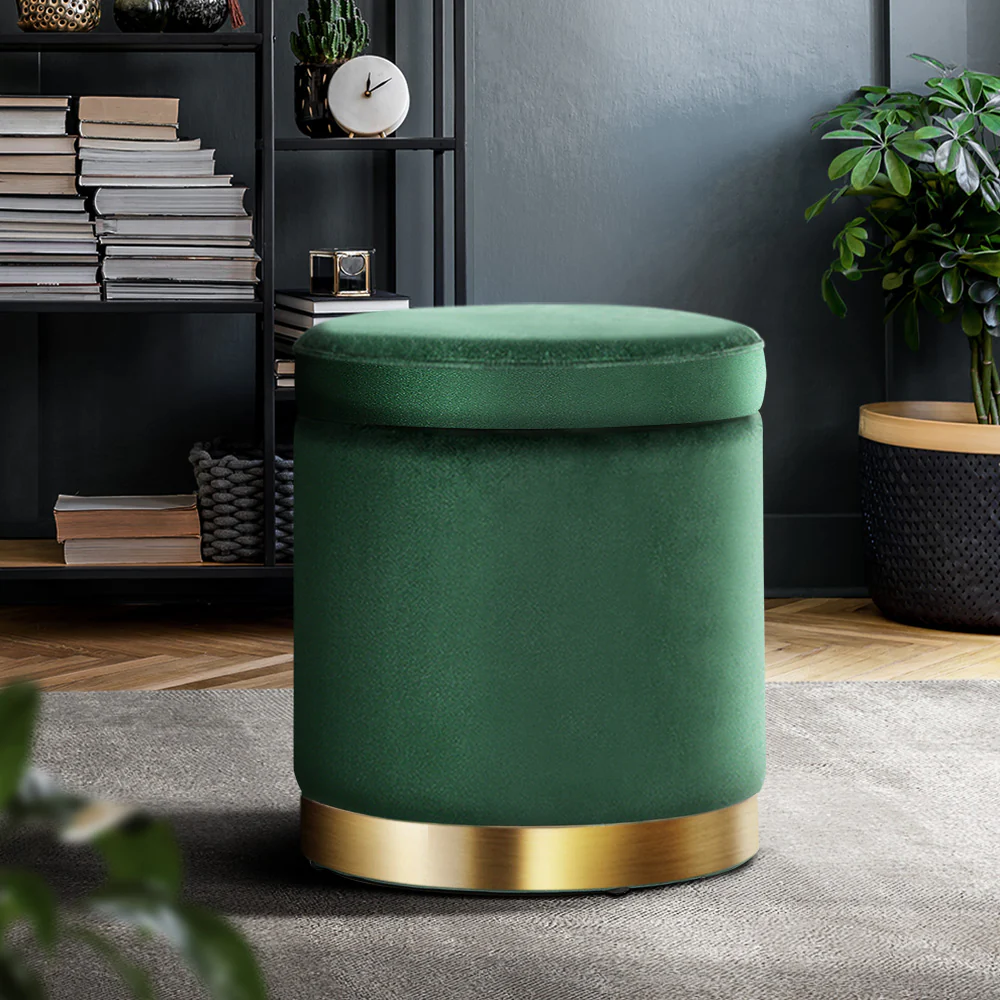 Storage Ottoman Foot Stool Round Velvet Foot Rest Pouffe Footstool Green - Nurns