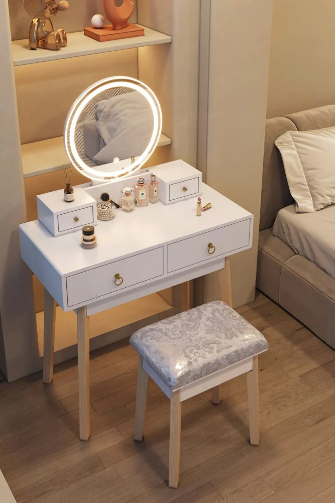 Dressing Vanity Table Stool Set with Make-up LED Lighted Mirror-White - Nurns