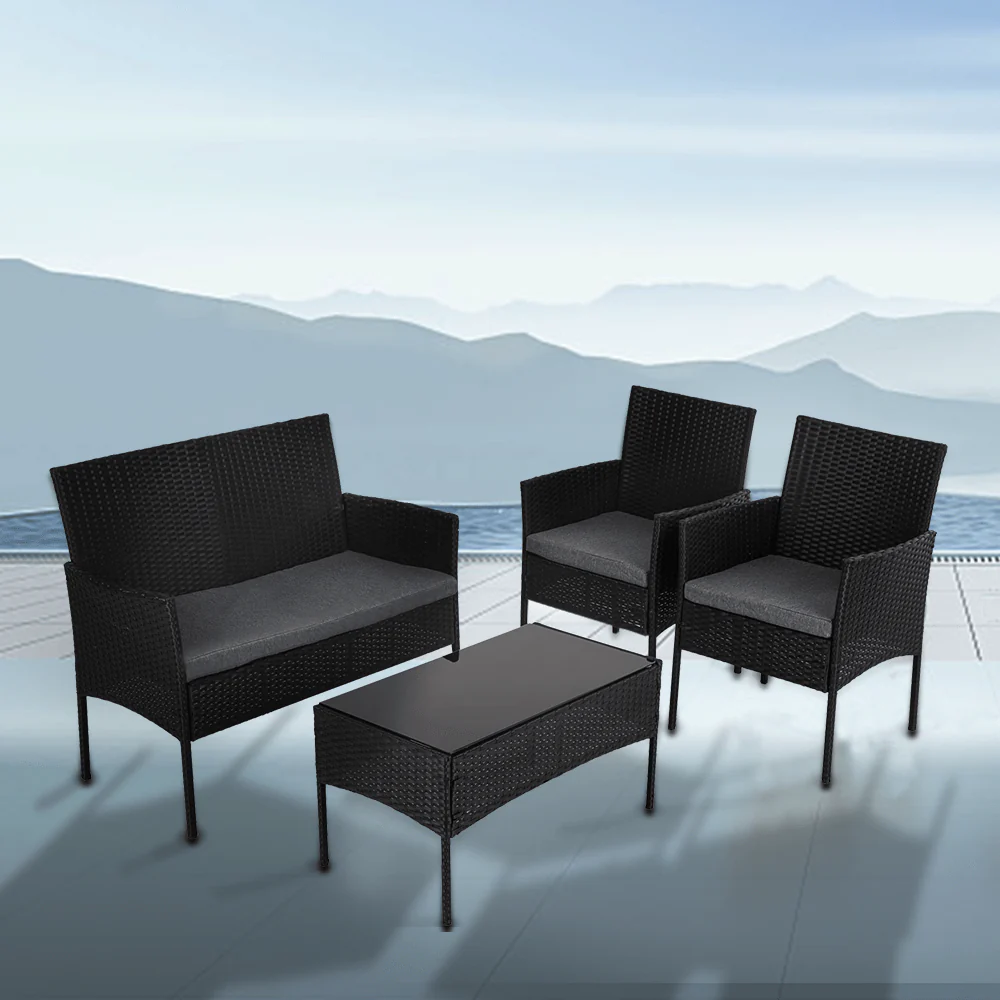Lowry 4-Seater Wicker 4-Piece Outdoor Lounge Set - Black - Nurns