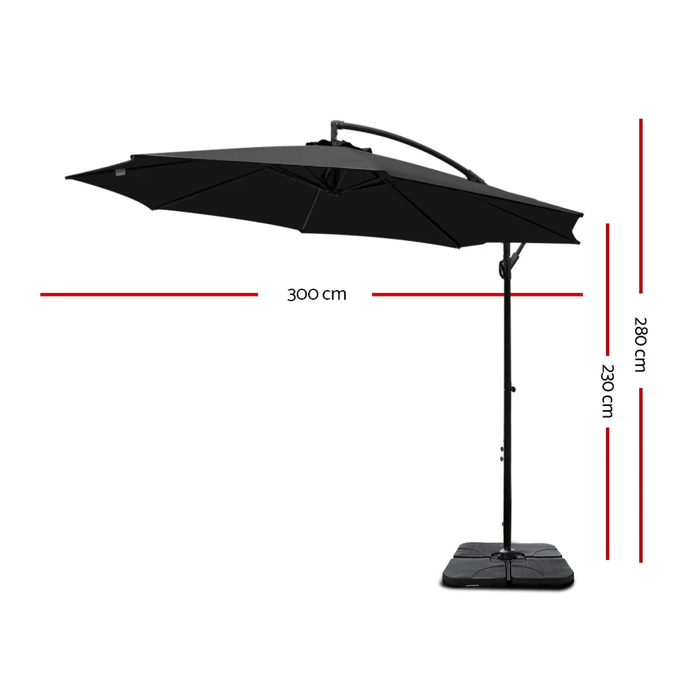 Instahut 3m Umbrella w/Base Outdoor Cantilever Beach Garden Patio Parasol Black - Nurns