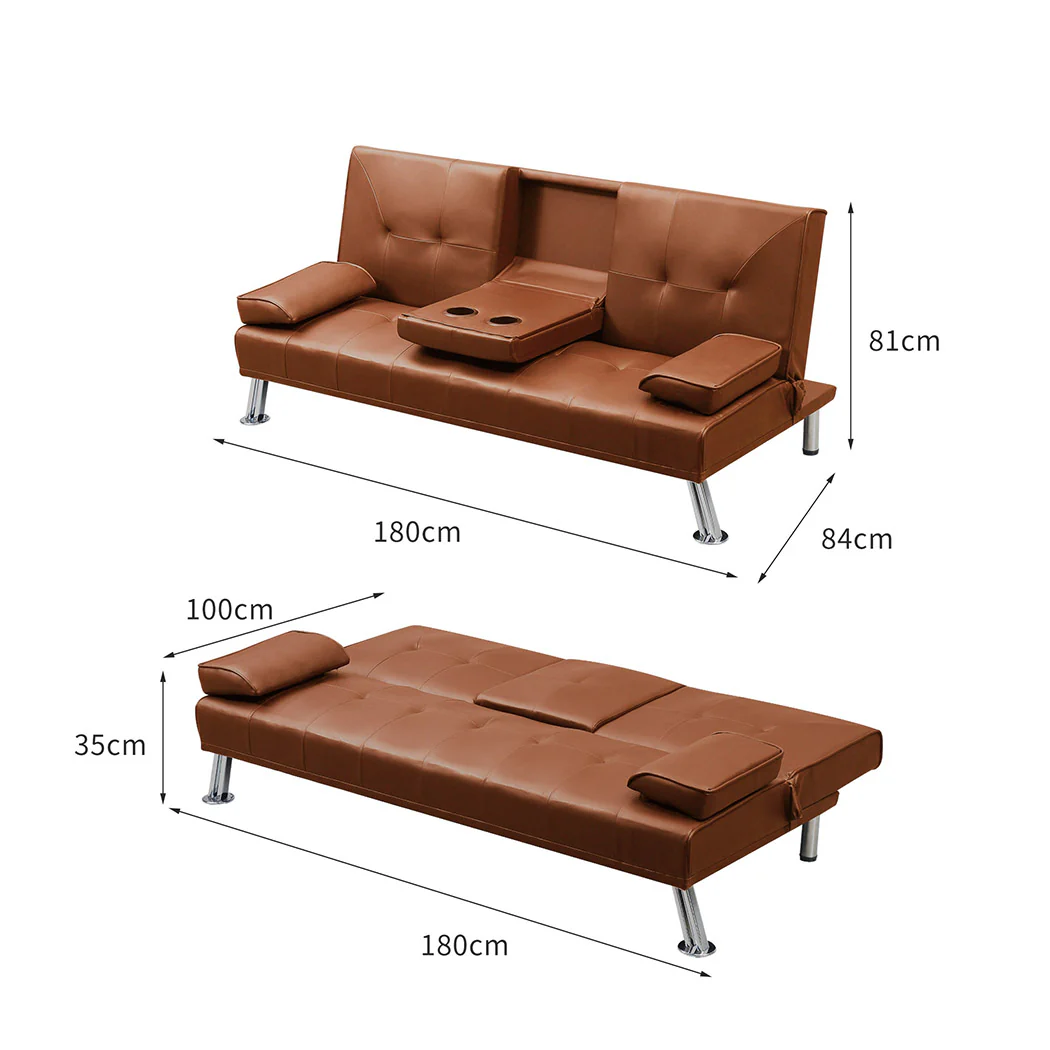 Marny 3-Seater Adjustable Sofa Bed Lounge Futon Couch Leather Beds Cup Holder Recliner - Brown - Nurns