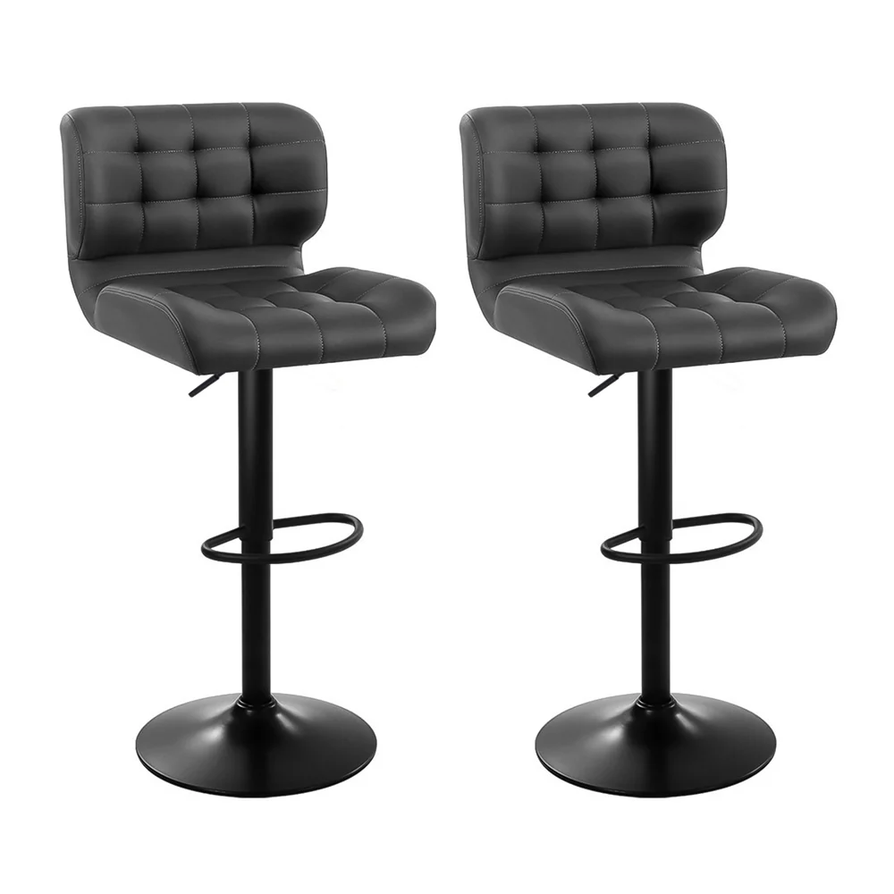 Set of 2 Genoa Kitchen Bar Stools Gas Lift Plush PU Leather - Black & Grey - Nurns