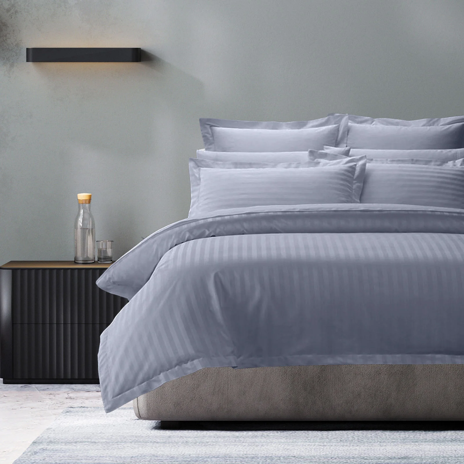 KING 1200TC 3-Piece Damask Stripe Cotton Blend Quilt Cover Sets - Blue - Nurns